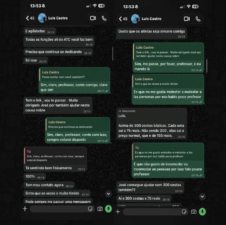 futebol_info's tweet photo. 🚨 Agora | Prints mostram como um golpista se passou pelo técnico Luís Castro para enganar Enamorado, do Grêmio, no WhatsApp

Nas conversas (alguns prints abaixo), o golpista dava orientações táticas, prometia colocá-lo entre os titulares e pedia R$ 22,5 mil para a suposta compra de 300 cestas básicas para doações no Rio de Janeiro.

Para ganhar a confiança do atacante colombiano, o falso treinador chegou a perguntar se ele se sentia bem jogando pelo meio, "frutuando" (flutuando). 

Também pedia que ele não comentasse as mensagens com os companheiros do Grêmio.

Enamorado fez o PIX. Mesmo após receber, o golpista pediu mais dinheiro, mas o jogador disse que não tinha saldo e sugeriu procurar Kannemann ou Willian.

O suspeito foi preso em setembro, na Operação Falso 9.

🗞️ | 📸 @EsportesGZH