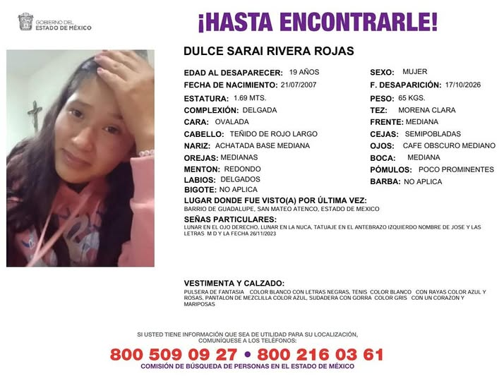 COBUPEM's tweet photo. Solicitamos de tu apoyo en difusión para dar pronta localización a Dulce Sarai Rivera Rojas, cualquier información favor de comunicarse a los teléfonos al pie del boletin. #TodosEnLaBúsqueda https://t.co/m8cB9933FR