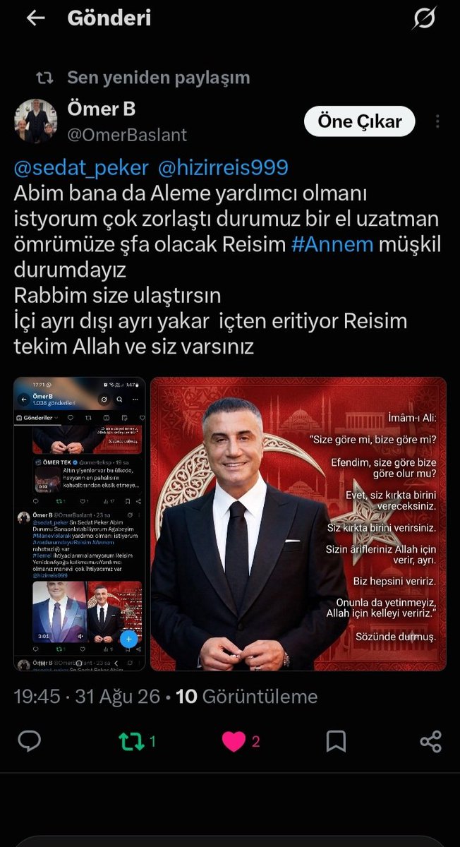 OmerBaslant's tweet photo. @sedat_peker  Abim bu durumu dahi söyleme utanıyorum #Annem için yardım talep ediyorum abi tek kişiyim 
Mücadele etsemde  bulunduğumuz  yetersizim Reisim şuan kalbimi yormakta  Reisim Rabbim dua ediyor niyaz ediyorum 

Allah razı olsun bir çok Aile yardımız oldu ve devam etmekte https://t.co/fKEUCGtny4