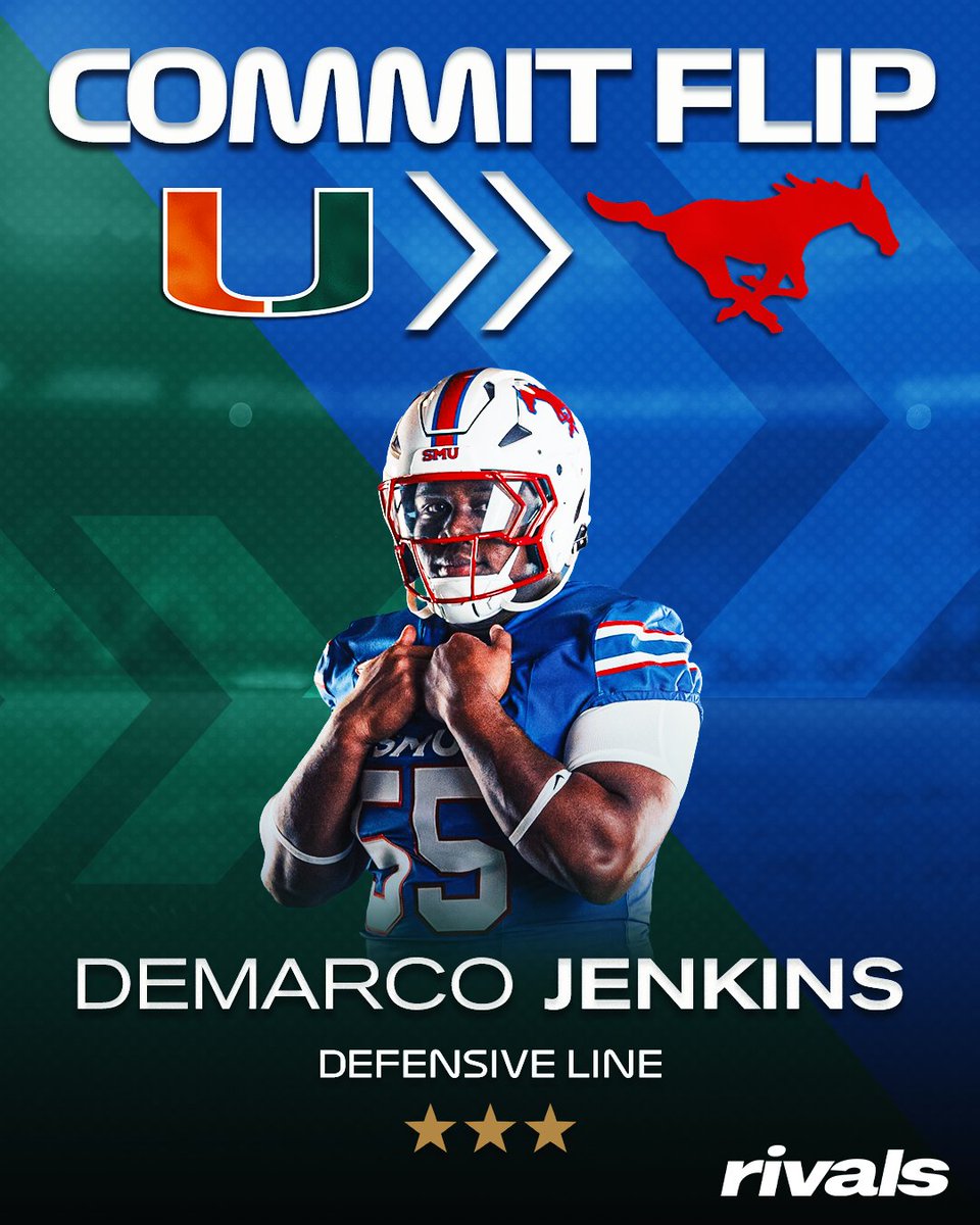 BillyEmbody's tweet photo. BREAKING: SMU flips Pearland (Tex.) DT DeMarco Jenkins from Miami.

Mustangs will host the in-state prospect this weekend after he just visited the Canes.

Story: https://t.co/TO5Q0aoKRm https://t.co/RjlX3uZ0sx