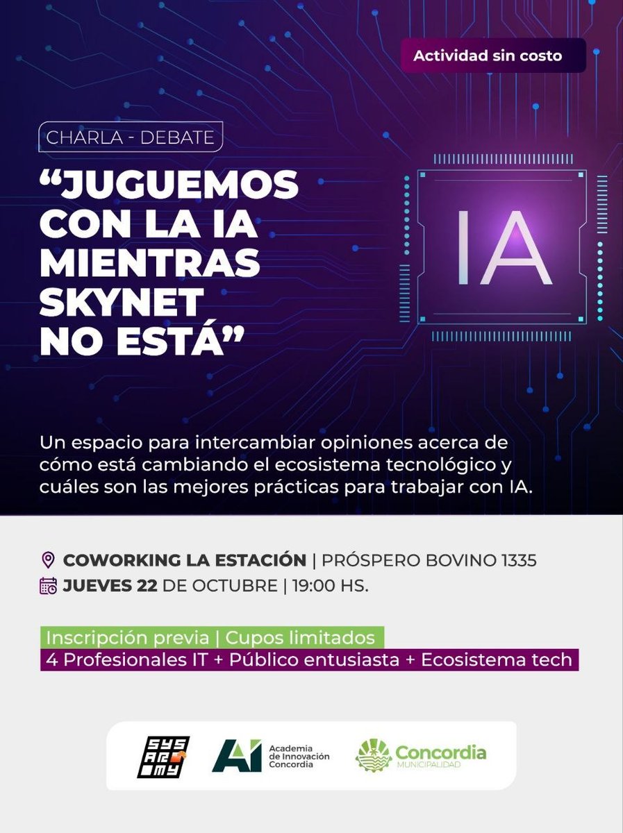 sysarmy's tweet photo. Mañana el chapter de concordia organiza una evento:

📆 Jueves 22/10
🕓 19:00 hs
📍Coworking La Estación. Próspero Bovino 1335, Concordia, Entre Ríos

Actividad sin costo y con inscripción previa. https://t.co/cZky0D8TZ0