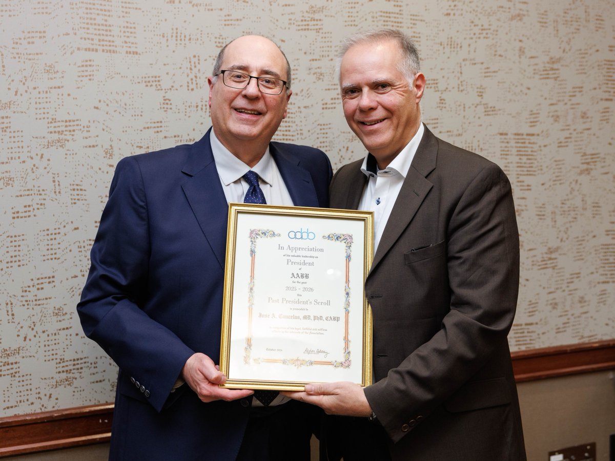 AABB's tweet photo. Each Annual Meeting marks a new chapter in AABB history.

During #AABB2026, we celebrated Jose Cancelas (left) for his service as AABB president and welcomed Richard Schäfer (right) as he begins his year of leadership.

Thank you, Dr. Cancelas, and congratulations, Dr. Schäfer! https://t.co/fRHJEtHzzK
