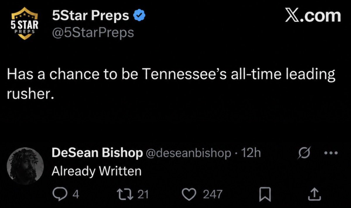 loganthevol's tweet photo. DeSean Bishop had an interesting response when asked about potentially becoming Tennessee’s all-time leading rusher. 👀

I think there’s a chance the hometown kid returns to Knoxville for one final season.

Bishop + DGG would instantly be the best RB duo in the country. 🍊 https://t.co/CujBgYrWMp
