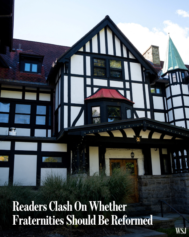 WSJ's tweet photo. Can fraternities be reformed, or should they be abolished?

Following sexual assault allegations at Cornell, readers responded to an essay on the future of Greek life. Here is what they had to say: 🔗 https://t.co/0TLzssXenK https://t.co/Zy57kcidzI
