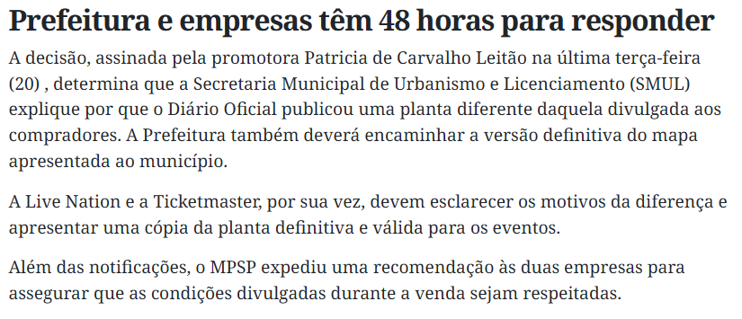 BARMYSTREAM's tweet photo. 📰 Segundo BNews São Paulo, o MPSP já cobrou explicações da Live Nation Brasil

"A Promotoria de Justiça do Consumidor da Capital estabeleceu prazo de 48 horas para que os envolvidos apresentem explicações e uma versão definitiva da planta dos eventos.

[...]

As empresas deverão ainda divulgar, com antecedência e em seus canais oficiais, o mapa definitivo dos shows, identificando os setores e eventuais áreas técnicas, operacionais, de segurança ou de acesso restrito.

[...]

A controvérsia sobre o mapa dos setores ocorre em meio a outras reclamações envolvendo a estrutura dos shows.

Segundo atualização da Promotoria do Consumidor, foi instaurado um Procedimento Preparatório de Inquérito Civil (PPIC) para apurar os fatos relacionados à questão dos telões. O órgão solicitou informações à Live Nation e à Ticketmaster, com prazo de 48 horas para resposta. Até o momento, foram recebidas mais de 140 representações sobre o assunto."

🔗 Leia na íntegra: https://t.co/ueAsCJpNqQ