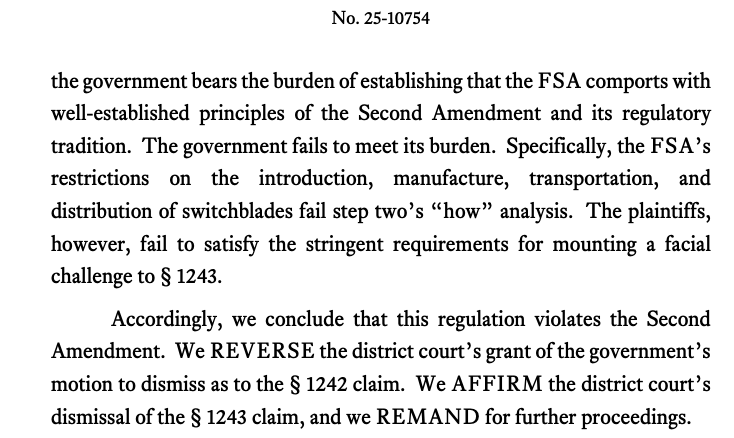 gunpolicy's tweet photo. LEGAL ALERT: The Fifth Circuit has ruled that the Federal Switchblade Act is unconstitutional, noting that they "qualify as 'Arms' and are covered by the “plain text” of the Second Amendment." https://t.co/FCeCnx8SRF https://t.co/1tTms9eMiY