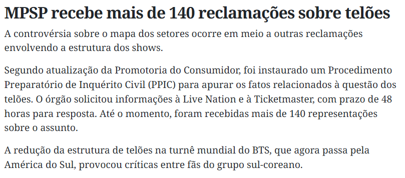 BARMYSTREAM's tweet photo. 📰 Segundo BNews São Paulo, o MPSP já cobrou explicações da Live Nation Brasil

"A Promotoria de Justiça do Consumidor da Capital estabeleceu prazo de 48 horas para que os envolvidos apresentem explicações e uma versão definitiva da planta dos eventos.

[...]

As empresas deverão ainda divulgar, com antecedência e em seus canais oficiais, o mapa definitivo dos shows, identificando os setores e eventuais áreas técnicas, operacionais, de segurança ou de acesso restrito.

[...]

A controvérsia sobre o mapa dos setores ocorre em meio a outras reclamações envolvendo a estrutura dos shows.

Segundo atualização da Promotoria do Consumidor, foi instaurado um Procedimento Preparatório de Inquérito Civil (PPIC) para apurar os fatos relacionados à questão dos telões. O órgão solicitou informações à Live Nation e à Ticketmaster, com prazo de 48 horas para resposta. Até o momento, foram recebidas mais de 140 representações sobre o assunto."

🔗 Leia na íntegra: https://t.co/ueAsCJpNqQ
