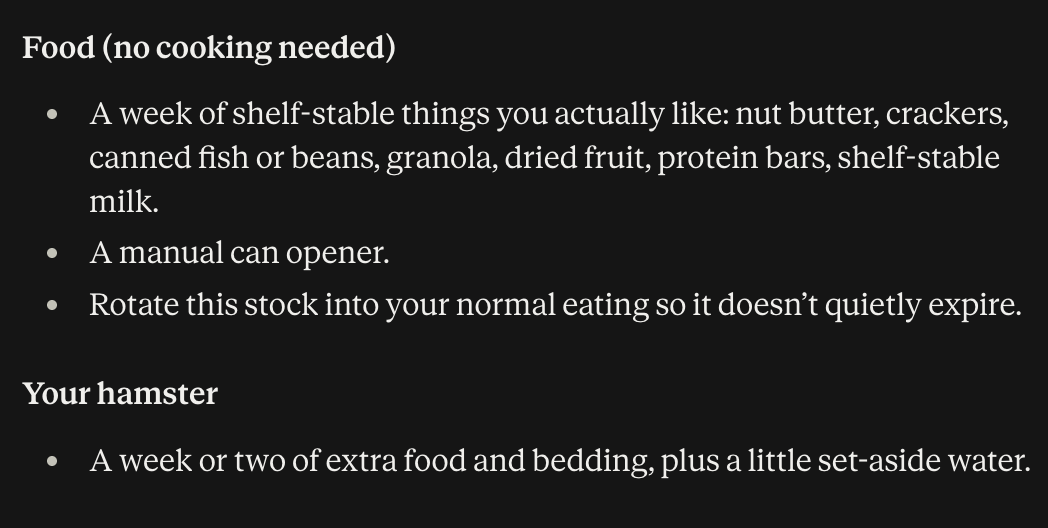 paularambles's tweet photo. so i've been putting together a list of things i’d need at home to survive a few days without power, internet, or basic services. you know, in case of earthquakes, digital or otherwise.

claude’s plan includes a hamster. i don’t have a hamster. who is he. where is he sheltering https://t.co/M8IdYdo0d0