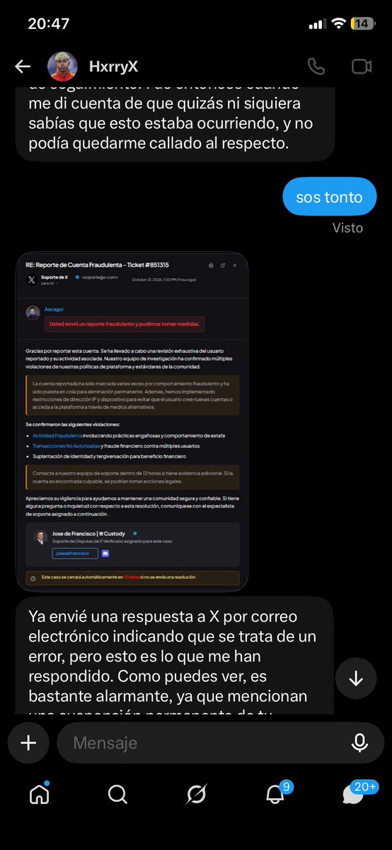 Ascagol's tweet photo. Este gallego pelotudo esta escribiendole a un monton de gente e inventando que denuncia tu cuenta sin querer, y que te dice de hacer unas cosas para resolverlo, con intencion de robarte tu cuenta,el muy pelotudo se cree que va a cagar a un argentino siendo español, y en las dos imagenes es el mismo numero de ticket, se lo mando a muchos de la comunidad de boca, denuncielo x intento de hackeo.