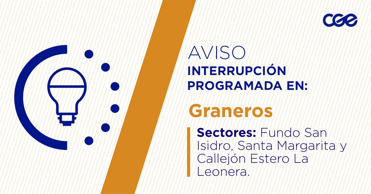 CGE_Clientes's tweet photo. Para mejorar la calidad del suministro de nuestros clientes de #Graneros, este viernes, entre 09:00 y 15:00 horas, se realizará una #InterrupciónProgramada (sectores en la imagen 👇) debido a trabajos de mejoras. Recuerda desconectar tus artefactos 🔌 https://t.co/SUvzK6hghp