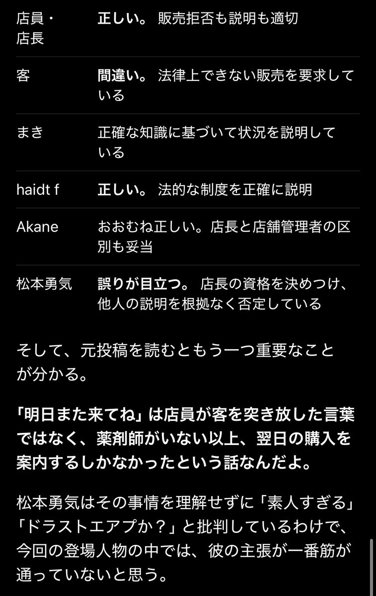 ReplyDogs's tweet photo. @matsuyuki830 @haidtf @oshi_ayunosan @Akane4idu 誰が正しいのかわからないから全文スクショして読み込ませたところこういうご評価いただきました https://t.co/9czqeFdu7p