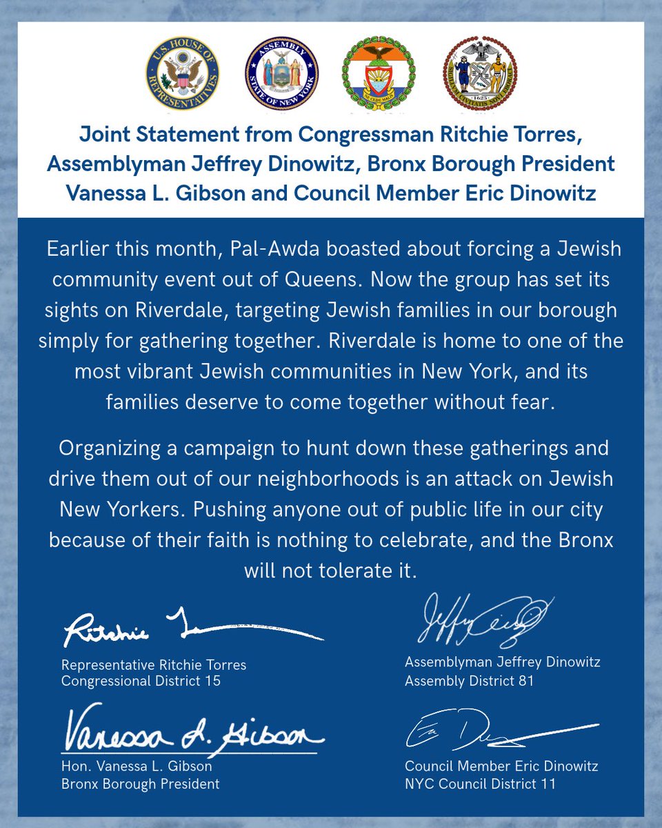 A blue-and-white formal joint statement poster, with four government seals at the top and four handwritten signatures near the bottom. The poster contains a headline and several paragraphs of text.