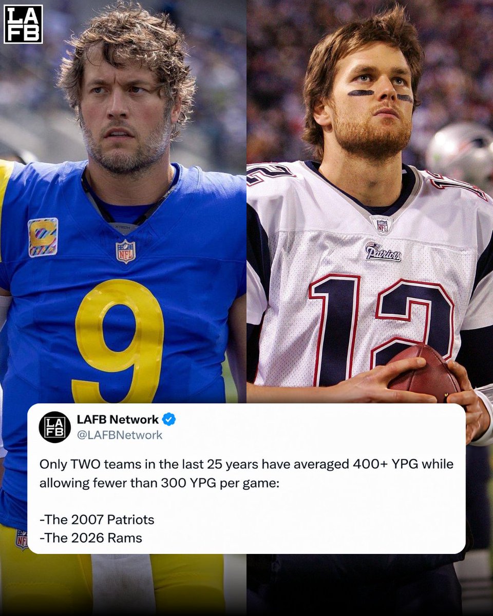 LAFBNetwork's tweet photo. This might be the most confusing Rams stat of the season...

Teams in the last 25 years to average 400+ YPG &amp; allow fewer than 300 YPG:

2007 Patriots &amp; 2026 Rams.

That’s the entire list. https://t.co/S3QLqHS0T6