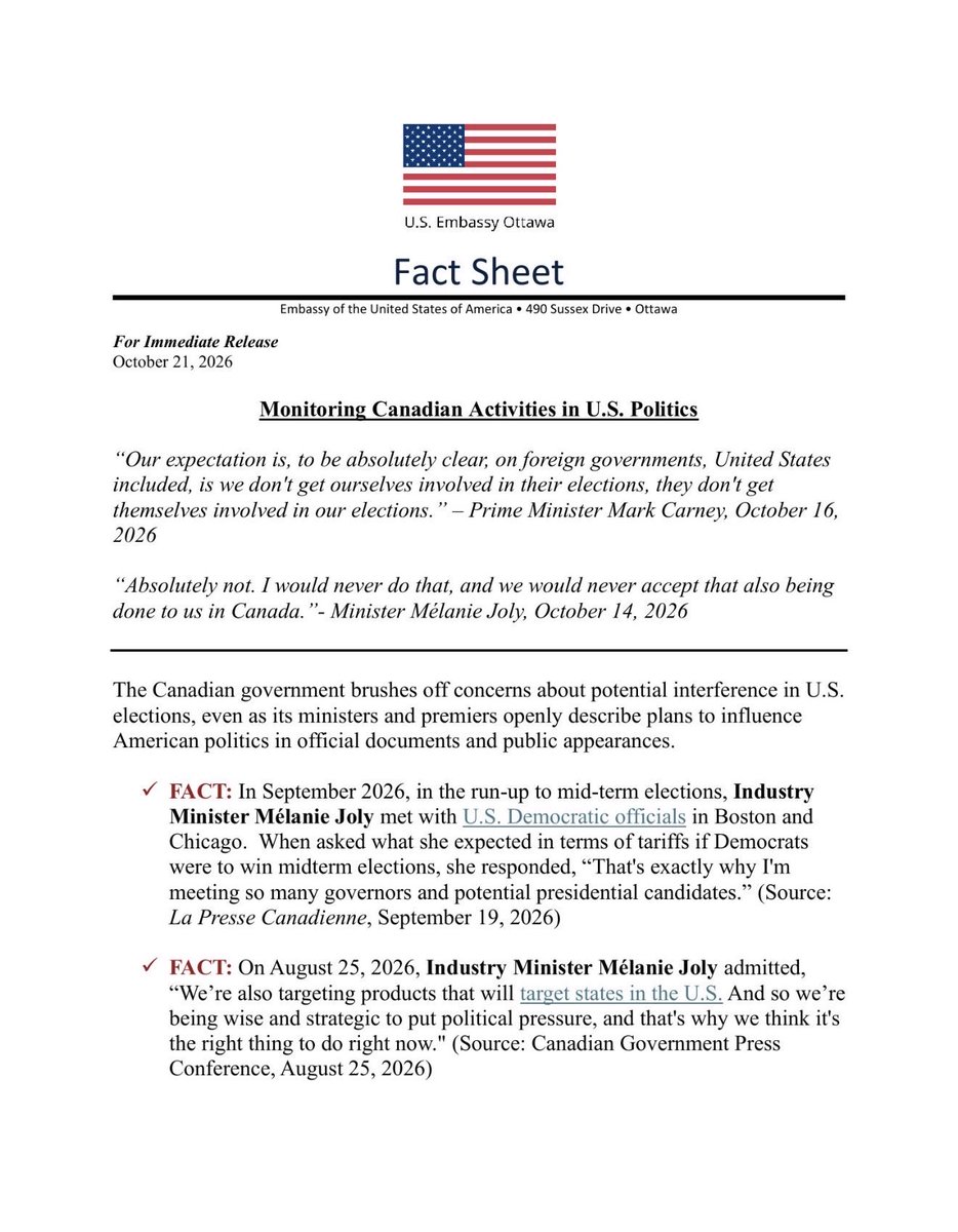 RealChange__'s tweet photo. #BREAKING: The US Embassy in Ottawa has issued an official fact sheet accusing Mark Carney of INTERFERING IN AMERICAN ELECTIONS.

It quotes Melanie Joly five times, names Doug Ford and a Liberal MP who campaigned in Florida.

@POTUS https://t.co/Crca3depSQ