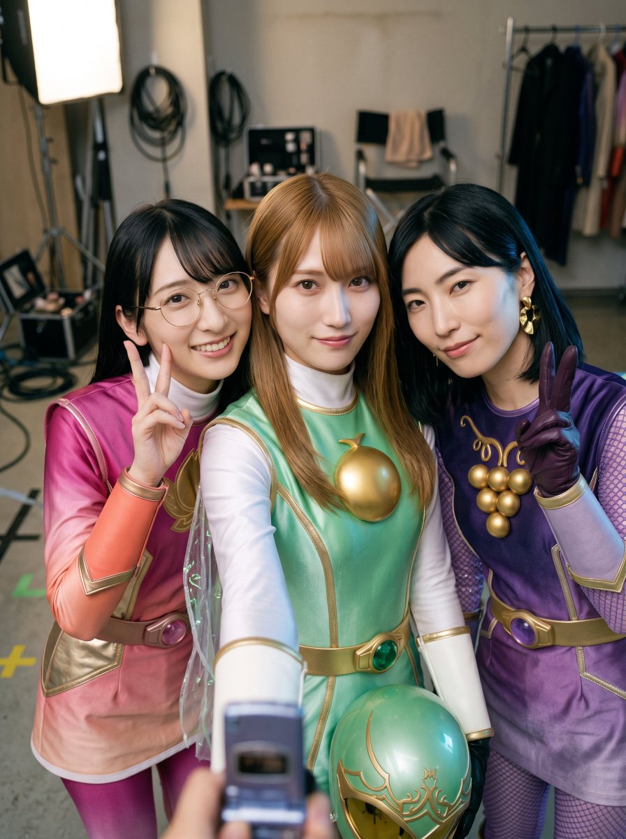 sentaiheroine's tweet photo. フォローが爆増しました！
記念に３人の自撮りです！

ガラケーで自撮りしているリンちゃんエモいですね！ https://t.co/rWaAOjojBW