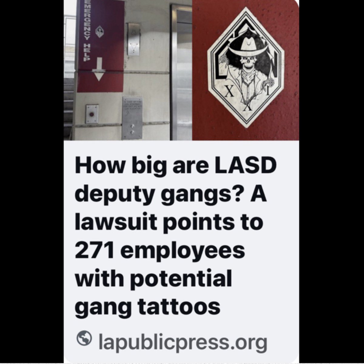 cecewoodsmedia's tweet photo. An alleged tattoo list is now being used to frame the size of LASD “deputy gangs.” Where is the evidence connecting the people counted to misconduct?

LA Public Press’s latest story cites 271 current and former employees with admitted or suspected tattoos, based on a former lieutenant’s description of an internal investigative report.

*The publication acknowledges it has not obtained that report.*

Yet a subheading describes a list of nearly 300 “deputy gang members.”

That is a significant leap.

And here’s some context: 

As I reported in The Current Report in March, the Office of Inspector General’s February 26, 2026 report stated that, to its knowledge, LASD had not identified any group qualifying as a law enforcement gang under Penal Code §13670.

That describes a failure to identify qualifying groups - and it absolutely matters when assessing claims about hundreds of alleged members.

California’s law requires a pattern of on-duty misconduct to establish a law enforcement gang. A tattoo alone does not satisfy that definition. Even the OIG said they don’t have a problem with station tattoos at a @lacountybos meeting earlier this year. 

Release the report. Reconcile the numbers.

Identify the  misconduct and show the evidence. If it’s substantiated, they should be held accountable.

Accountability also includes the newsroom reporting unsubstantiated information as fact.