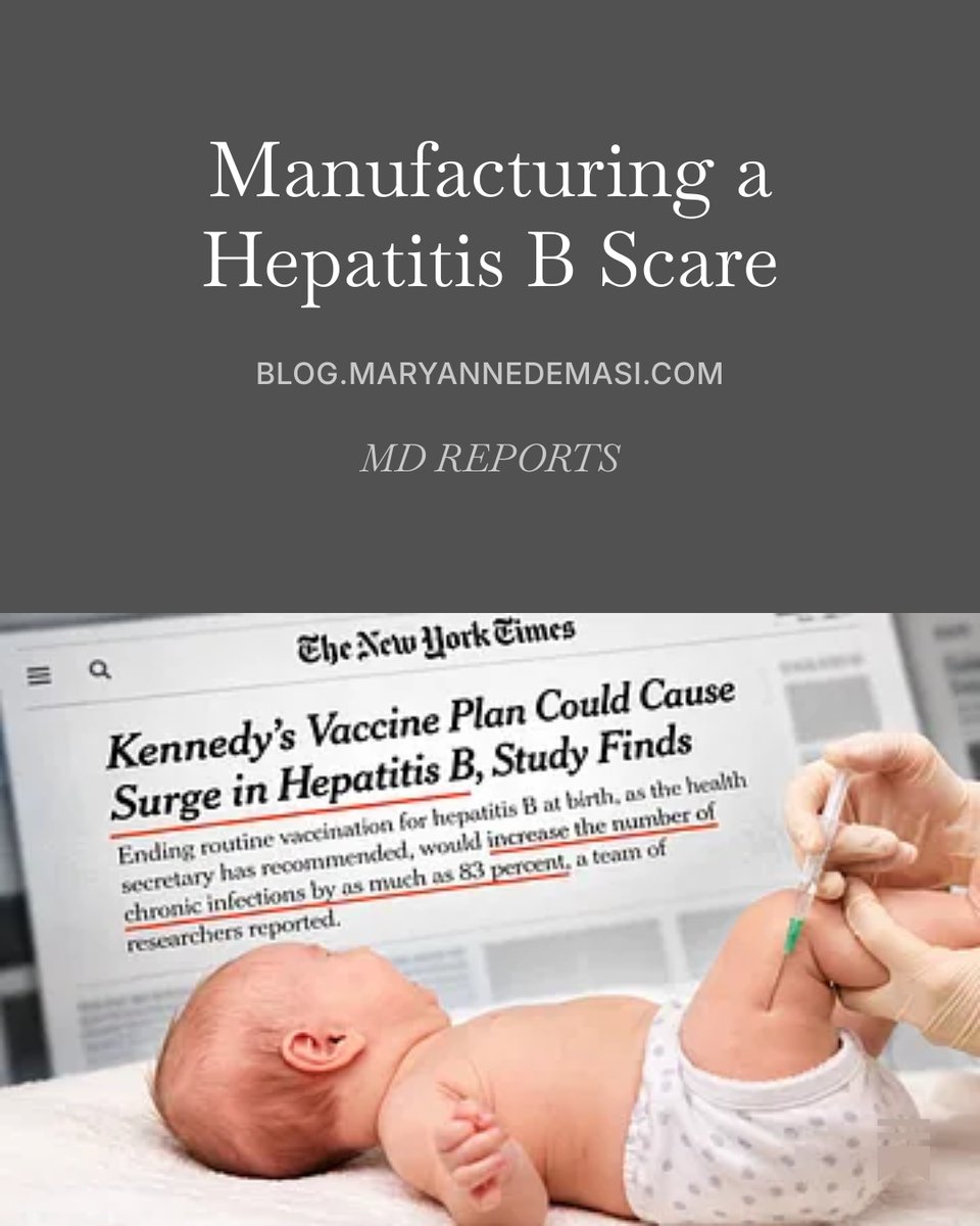 MaryanneDemasi's tweet photo. 🛑 Manufacturing a Hepatitis B Scare
Harvard researchers predict an 83% surge in childhood hepatitis B infections. The @nytimes amplified it without scrutinising the model’s assumptions.

Relative risk increase = 83% over 20 yrs
Absolute risk increase = 0.006% over 20 yrs

LINK below 👇👇
@SecKennedy @KMilhoanMDPhD @RetsefL @FLSurgeonGen @SenRonJohnson