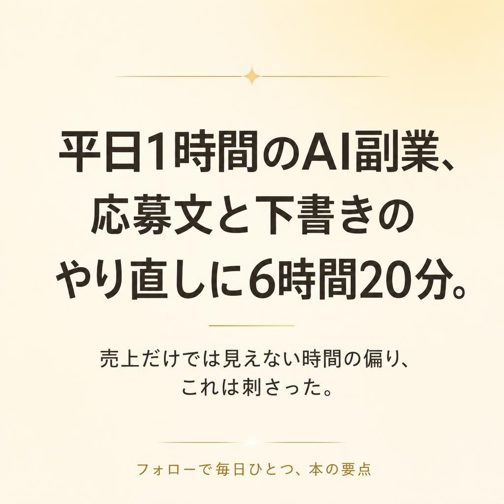1229miyata's tweet photo. 平日1時間のAI副業、応募文と下書きのやり直しに6時間20分。売上だけでは見えない時間の偏り、これは刺さった。スマホで使える5項目シートと、次の1時間で見直す作業の決め方も。試した手順と結果、今日できる1つの作業をnoteにまとめました。
(@aisidebiz)

▼記事はこちら
https://t.co/xLzNhzUUkd https://t.co/D1qVZHIV50