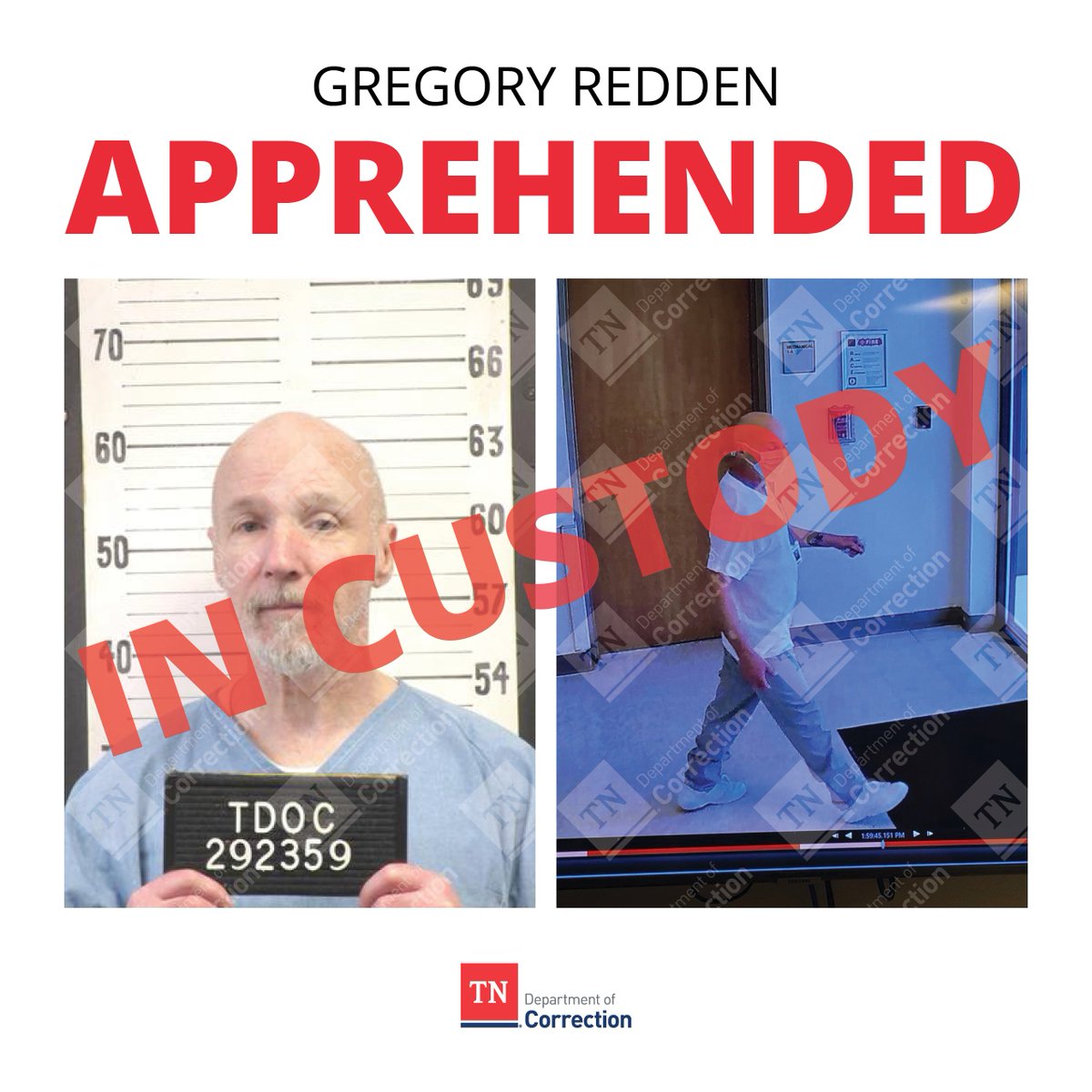 TNTDOC1's tweet photo. Inmate Gregory Lynn Redden has been apprehended and is back in TDOC custody. Updates will be provided as more details become available. https://t.co/dbtRLr6GEn