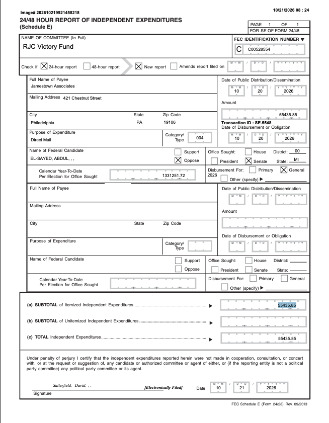 TrackAIPAC's tweet photo. ⚠️ AIPAC ALERT: United Democracy Project drops another $55,436 on a 5th batch of mailers attacking @AbdulElSayed on behalf of @MikeRogersForMI. https://t.co/6nxNV6AdhS