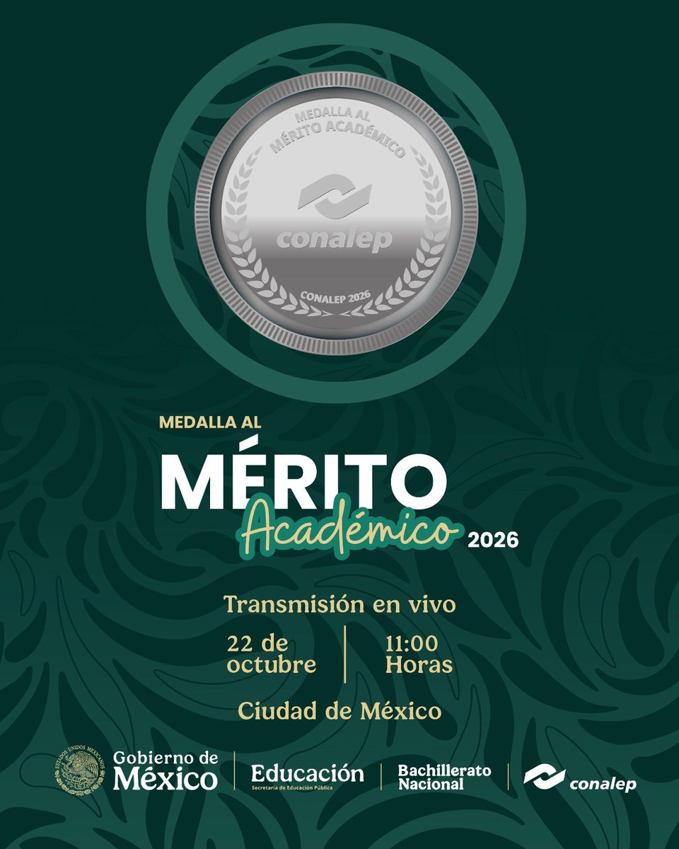 CONALEP_Mex's tweet photo. Acompáñanos a reconocer el esfuerzo y la excelencia de nuestros talentos en la ceremonia de la Medalla al Mérito Académico CONALEP 2026 🎓🏅.

¡Sigue la transmisión en vivo para compartir este momento histórico juntos!

@Roronava
@SEP_mx
#OrgulloCONALEP #MéritoAcadémico2026 https://t.co/4pYRAFnOQh