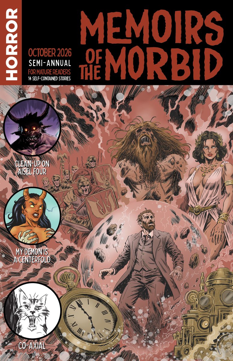 s_andrios's tweet photo. Black and white illustration for the cover of Comics Burgh's "Memoirs of the Morbid" magazine. On the side, the final version of the cover, with layout and colors by author Grant Lankard. Commissions open! #coverartwork #sciencefictionart #comics #timemachine #horror #Victorian https://t.co/wYlHpgaUal