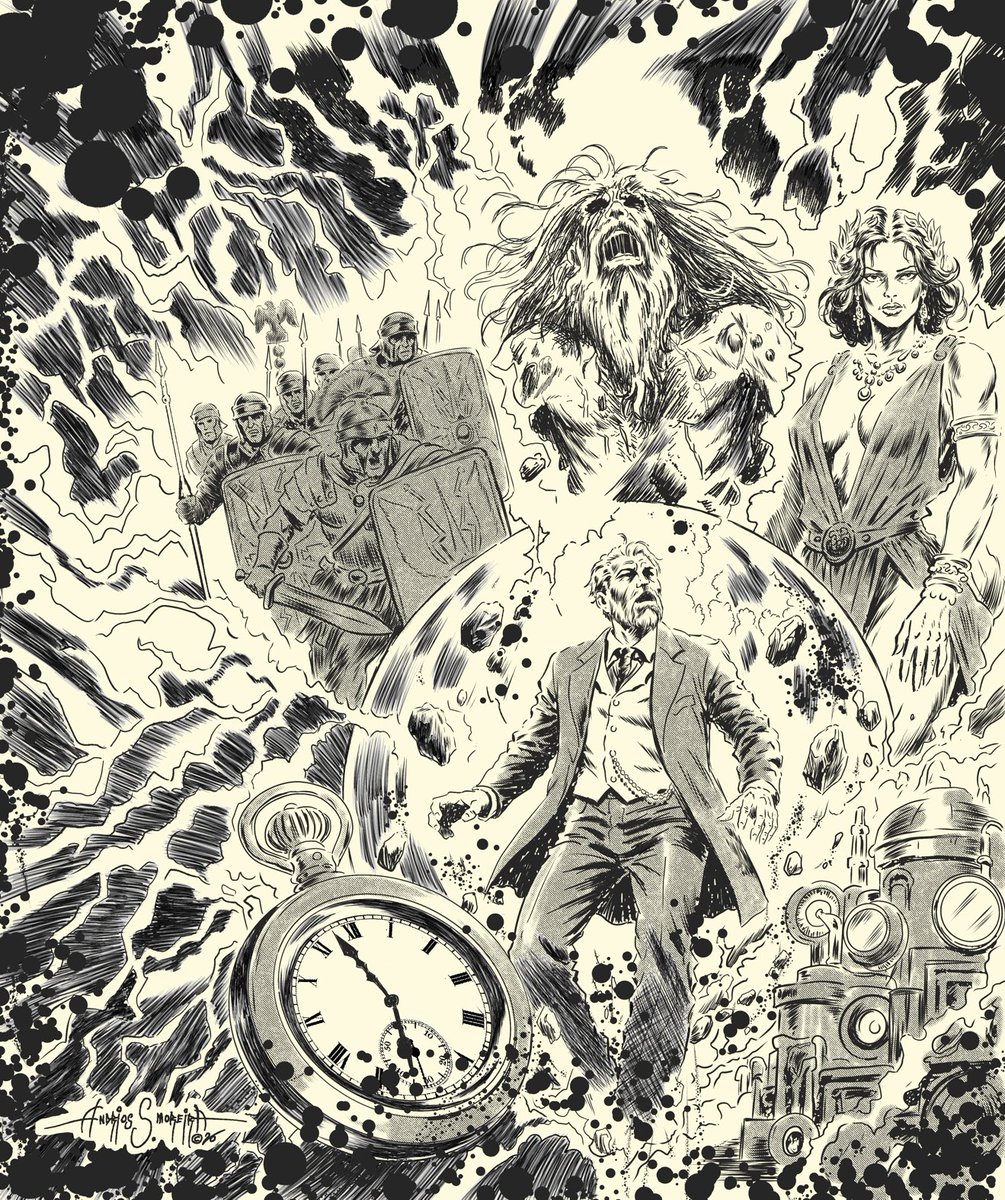 s_andrios's tweet photo. Black and white illustration for the cover of Comics Burgh's "Memoirs of the Morbid" magazine. On the side, the final version of the cover, with layout and colors by author Grant Lankard. Commissions open! #coverartwork #sciencefictionart #comics #timemachine #horror #Victorian https://t.co/wYlHpgaUal