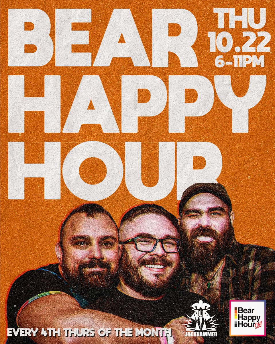 Jackhammer_Chgo's tweet photo. Tomorrow at Jackhammer it's time to hang with the bears again!

Bear Happy Hour at Jackhammer is on Thursday, October, 22nd, starting at 6pm🏳️‍🌈🏳️‍🌈🏳️‍🌈

Bear Happy Hour is Chicago’s weekly meetup for the Bear community and their admirers.

Sponsored by @bearhappyhourchi! 🐻🍻 https://t.co/9Q7XnB6HQe