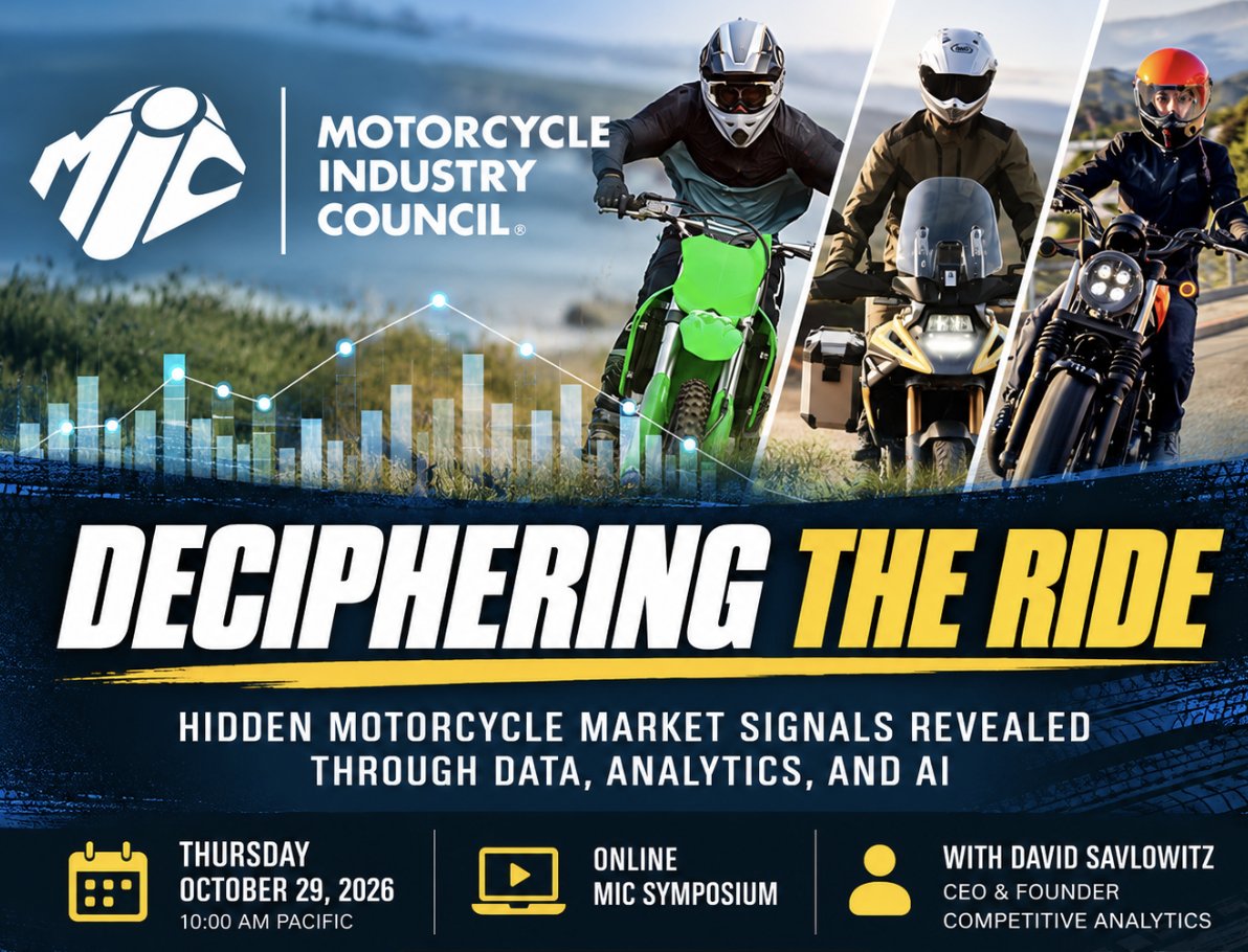Dealernews's tweet photo. David Savlowitz of Competitive Analytics claims, “The motorcycle market is telling a story — but its most consequential signals are often buried beneath millions of individual transactions.” #MICSymposium
@followMIC
https://t.co/QFavipIVmJ https://t.co/RZGuc4JTj8