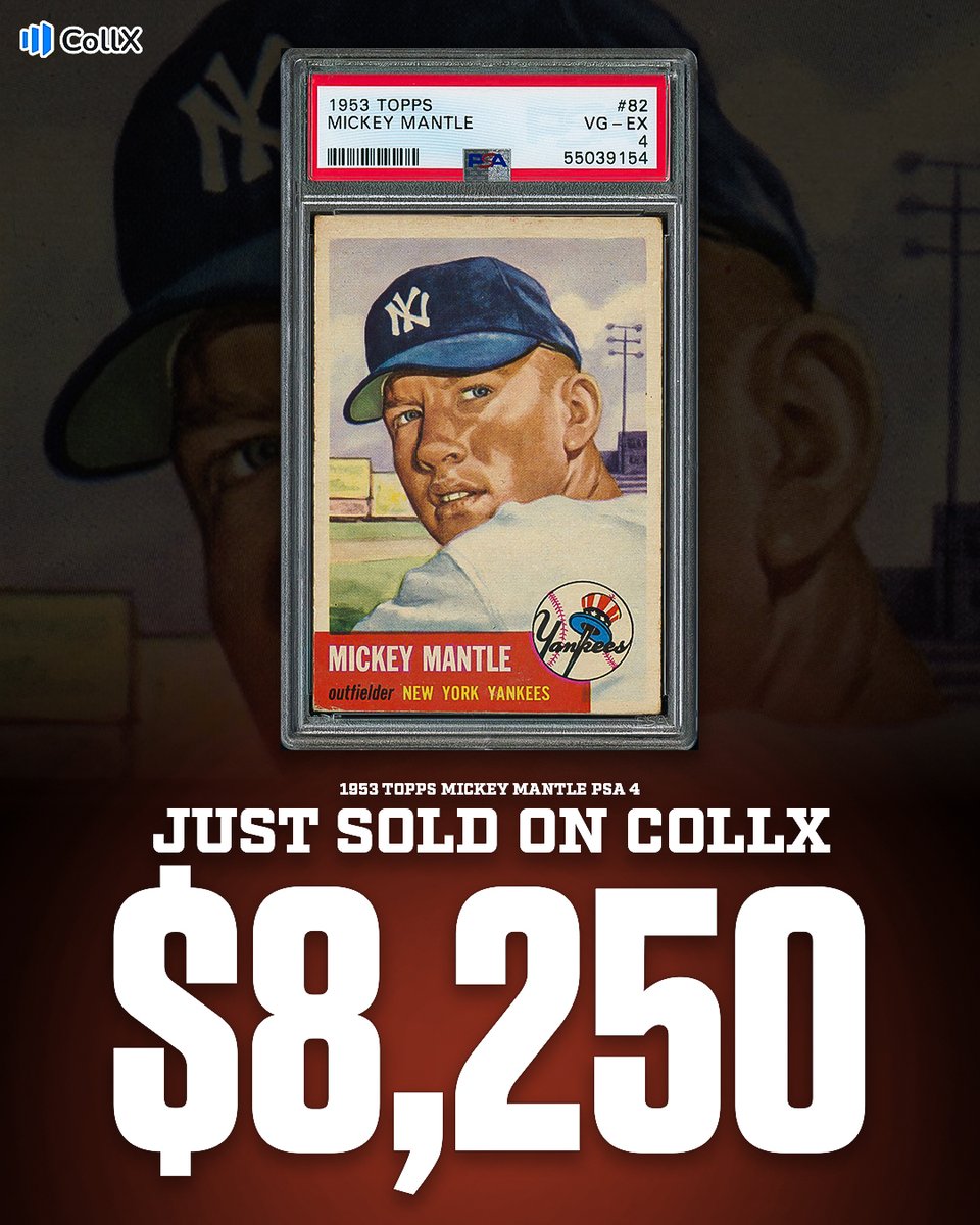 CollX_App's tweet photo. A PSA 4 1953 Topps Mickey Mantle just sold on CollX for $8,250! Nearly 75 years later, The Mick is still one of the most sought-after names in the hobby. Got vintage cards of your own? List them on CollX! https://t.co/7vyuZh3JFN