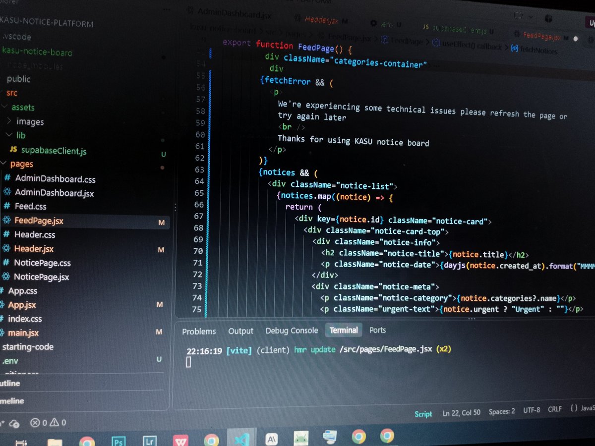 Jenom01's tweet photo. Learning REACT and supabase while build a news platform for my school as a SIWES project
Learnt how to fetch and display data from supabase, also how .env files work
#Coding #frontend #fullstack https://t.co/I8lf3l5yHS