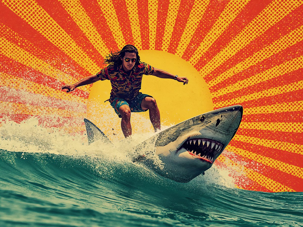 Hugofloresf's tweet photo. Riding a shark, the ultimate surfing experience.
#surf #shark #popart #cool #color #dots #linocutprint https://t.co/5IzTBZuGG6