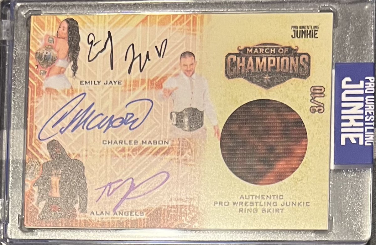 Chuckst48443238's tweet photo. #wrestlingcardwednesday Sorry for the late post, but just had to share. Thanks to Gil @PWJCARDS, I FINALLY have master sets of series 1 thru 5. Added this elusive beauty today. Triple Auto/Ring skirt card of the 3 inaugural champions. https://t.co/2kiQ8N2EK3