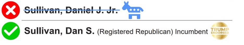 TrumpReposter's tweet photo. I am very concerned about the Dan S. Sullivan Race for the U. S. Senate in Alaska in that it is totally confusing, with the Dumocrats putting up another man, totally unrelated to Politics, named Daniel J. Sullivan, Jr. It’s ridiculous that the Court didn’t stop this SCAM. Even 1, 2, or 3% could make the difference. Dan S. Sullivan is leading by a lot, but this is CHEATING in an Election, and the Judge that allowed this to happen should be ashamed of himself. We are looking at powerful legal options to remove the fraudulent Daniel J. Sullivan Jr. from the Ballot, and holding the Democrats accountable for their Election Interference, in the pursuit of Justice and Fairness. President DONALD J. TRUMP