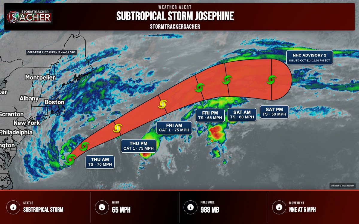 TrackerSacker's tweet photo. Subtropical Storm Josephine is about 245 miles south of Nantucket Massachusetts. Winds 65 mph. Josephine expected to move northeastward away from the united states on thursday. Forecast to become a powerful extratropical cyclone. Moving north-northeast at 6 mph. https://t.co/GfnrcKnX2j