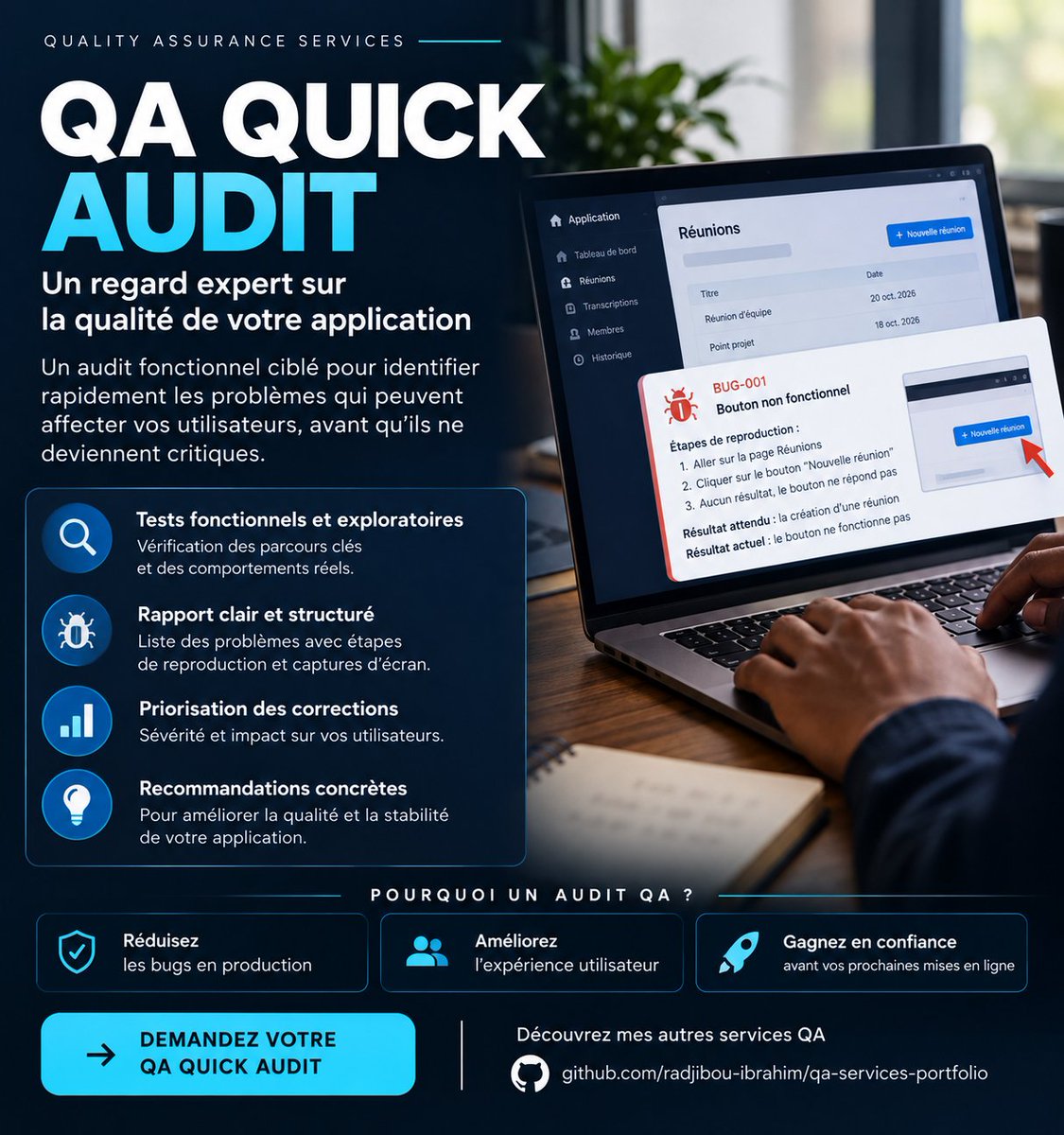 Radj07605271's tweet photo. Votre application fonctionne-t-elle comme prévu ? QA Quick Audit aide à repérer les problèmes fonctionnels et à prioriser les corrections. Parlons de votre projet.

#QA #SoftwareTesting https://t.co/a4rrW7JpLQ