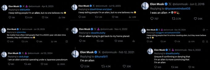 Tuffdevonchain's tweet photo. There is a GIANT conspiracy theory that Elon Musk is an alien. 

He has said an ABNORMAL amount of times that he is literally an alien time traveler just trying to get back to his home planet.   

On top of that, the 1953 book called Project Mars predicted that the leader of it will be named "Elon."   

Everybody is starting to believe it.