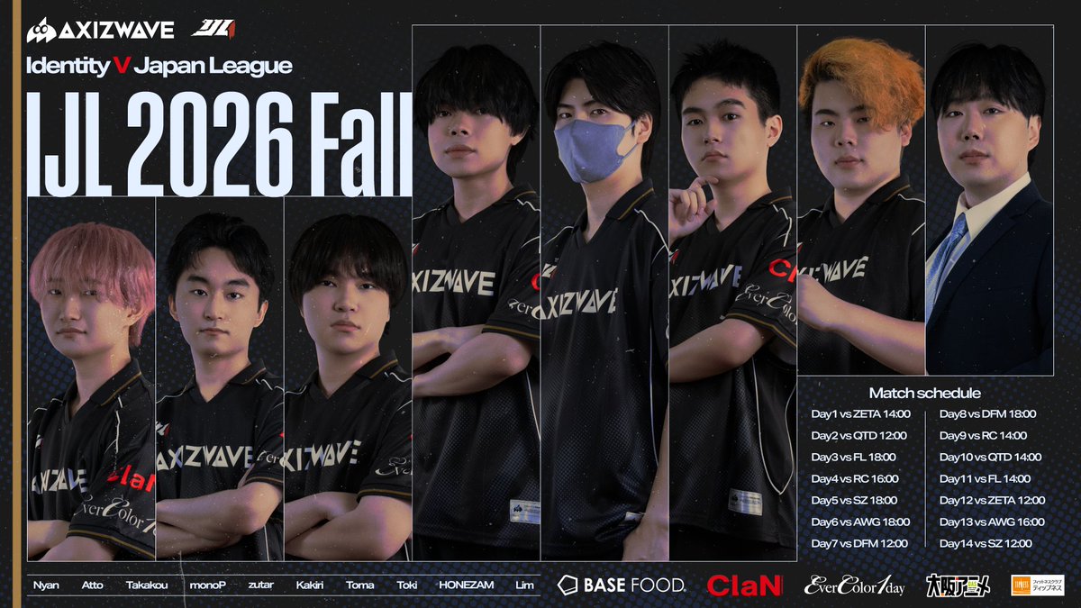 AXIZ_WAVE's tweet photo. 【#2026秋季IJL AXIZ WAVE Roster】

秋深し。波なお高く、冬を越せ。
新メンバー2名を迎えた新体制のAXIZ WAVEにご期待ください🌊

【サバイバー】
😼 Nyan #にゃーと （@nyan_desu_ ）
🥦 Takakou #たかこうを描こう （@UoRvy ）
👑 Atto #あっとのあーと （@_Yuker_ ）
🕶️ monoP #ものぺりあーと （@M_kuma07 ）
⭐ zutar #ずたあーと（@zutar_idv ）

【ハンター】
🍊 Kakiri #かきり絵 （@Kakiri449611 ）
🍅 Toma #とまーと（@tomadayo_idv ）

【コーチ】
😷 Toki #Toki生配信 （@Toki_IdentityV ）

【マネージャー&アナリスト】
🎀 Lim #ぐりむあーと （@_wolLim ）
✨ Hz丶 #ざむのーと（@HONEZAM ）

#AXIZ_WAVE #AXIZWIN #IdentityV