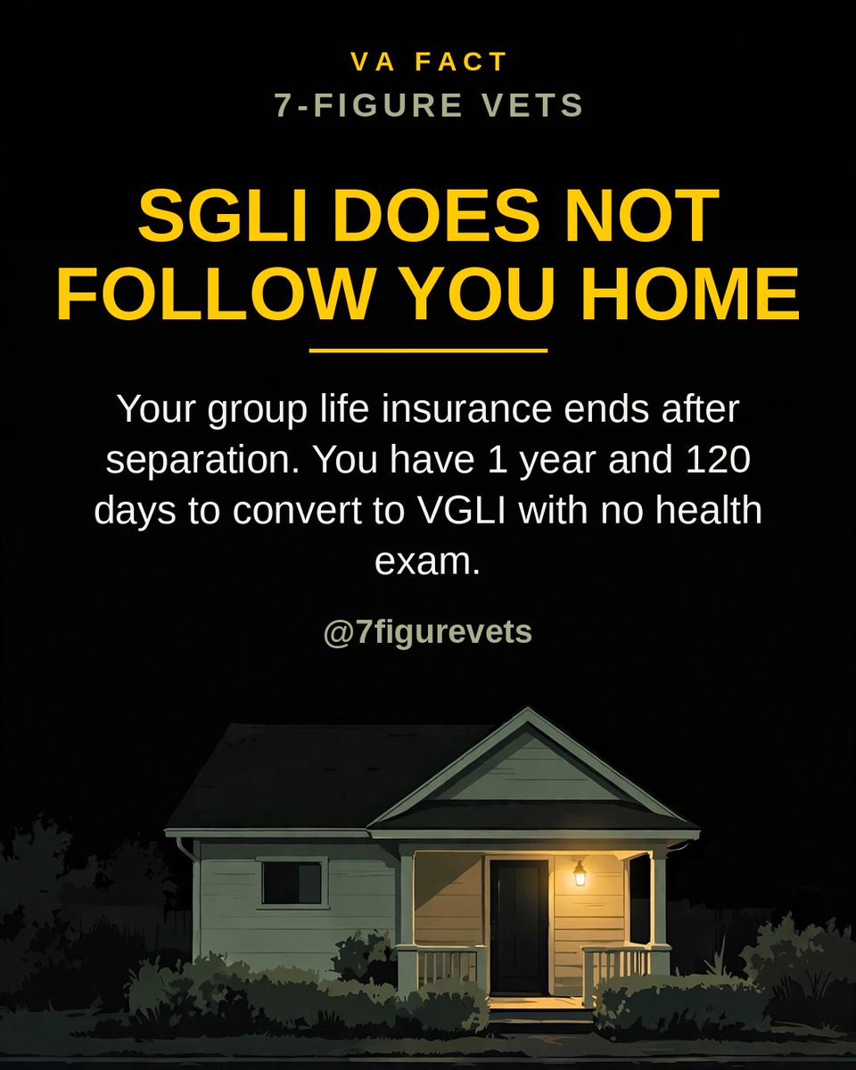 7figurevets's tweet photo. SGLI ends when you get out. The VGLI conversion window does not wait, and missing it can mean a medical exam later. Check your dates. #SGLI #VGLI #Veterans #MilitaryTransition #7FigureVets https://t.co/eHa1bHbnyt