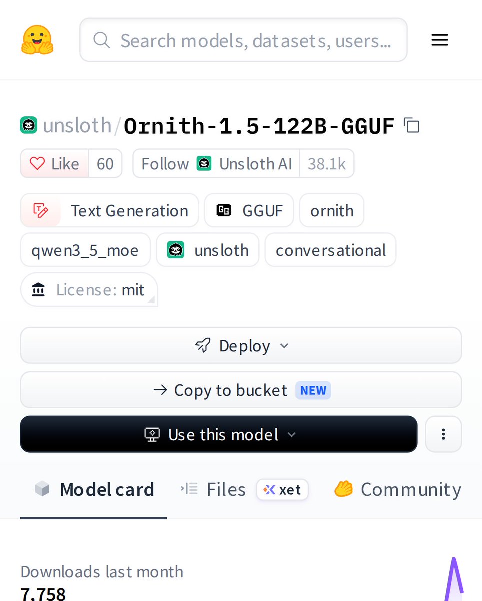 HuggingModels's tweet photo. Meet Ornith-1.5-122B-GGUF: a 122B parameter text-generation beast in GGUF format. Quantized for efficiency, it brings large-scale AI to your local setup. Ready to generate? https://t.co/QiCe5xvTdG
