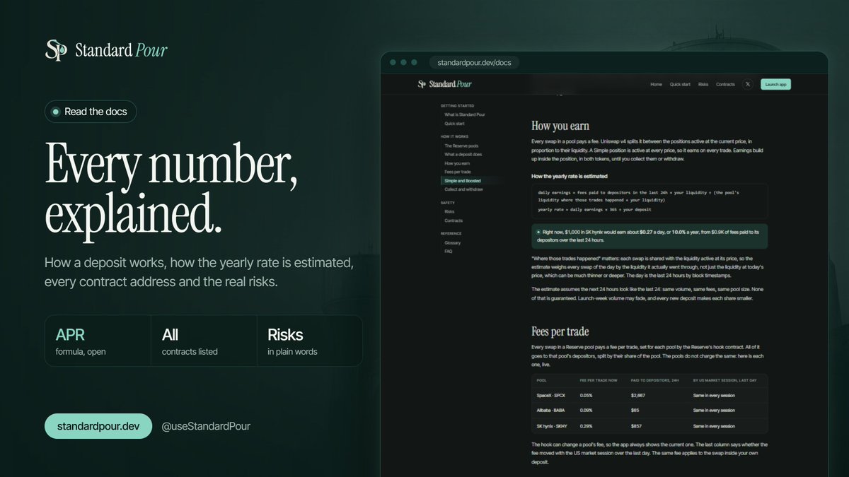useStandardPour's tweet photo. Every number, explained.

How a deposit works, how the yearly rate is estimated, every contract address and the real risks, all in the docs.

Read before you pour → https://t.co/0o1gU4XuPz https://t.co/XAjq8oTFG2