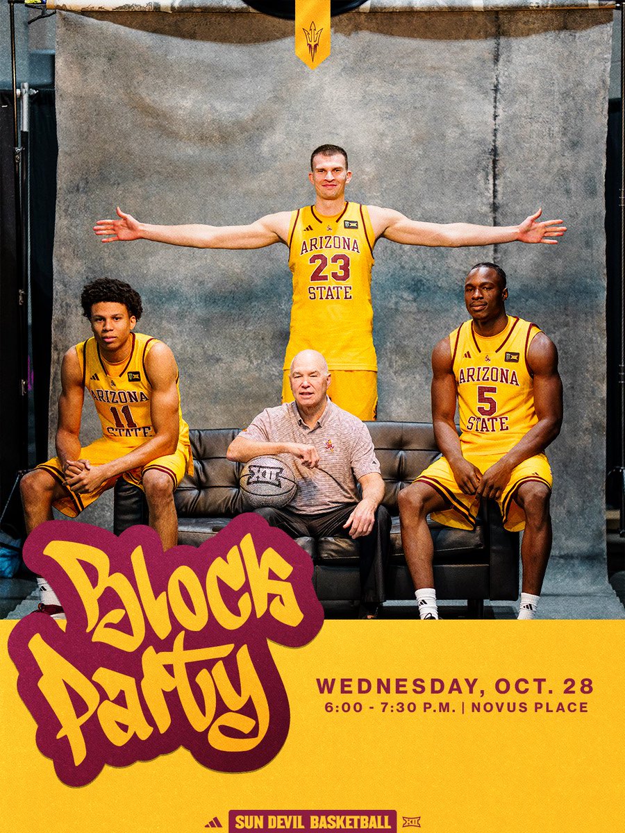 942Crew's tweet photo. Students, check this out 👇

The Sun Devil Basketball Block Party is next Wednesday. Hang out, meet the players and get hyped for the season 🏀🔥

📍 Novus Place | Oct. 28 | 6–7:30 PM

See you there 🔱 https://t.co/dGAaGyAlUJ