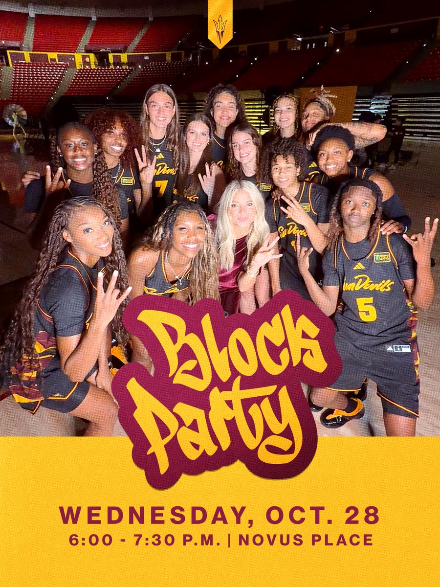 942Crew's tweet photo. Students, check this out 👇

The Sun Devil Basketball Block Party is next Wednesday. Hang out, meet the players and get hyped for the season 🏀🔥

📍 Novus Place | Oct. 28 | 6–7:30 PM

See you there 🔱 https://t.co/dGAaGyAlUJ