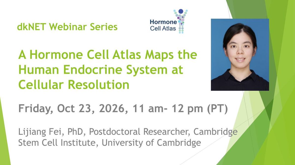 dkNET_Info's tweet photo. What can 14 million single cells and nuclei reveal about the human #endocrine system?
Join Dr. Lijiang Fei for a #dkNET webinar exploring the Hormone Cell Atlas and #hormone signaling across 47 human tissues!
π
Friday, Oct. 23 | 11 AM PT
π https://t.co/tPcYQobjBr
#singlecell https://t.co/I35wLOBFYh