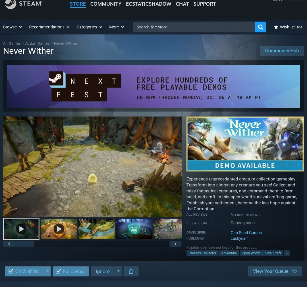 ShadowEcstatic's tweet photo. @PlayNeverWither Game looks fun. Ill make sure to play the demo soon on stream. Added it to my library. Appreciate the chance at a key 🤝 https://t.co/yU3r6w3A24