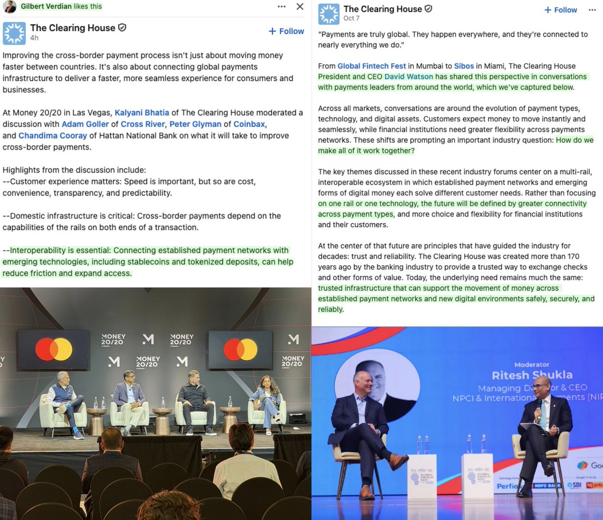 Tokenicer's tweet photo. The Clearing House attending some key finance events

ONE point they keep discussing:

INTEROPERABILITY

Almost like they've found their solution. But I QUANT figure out what it is🤔

$QNT https://t.co/W5wf2CbVe0