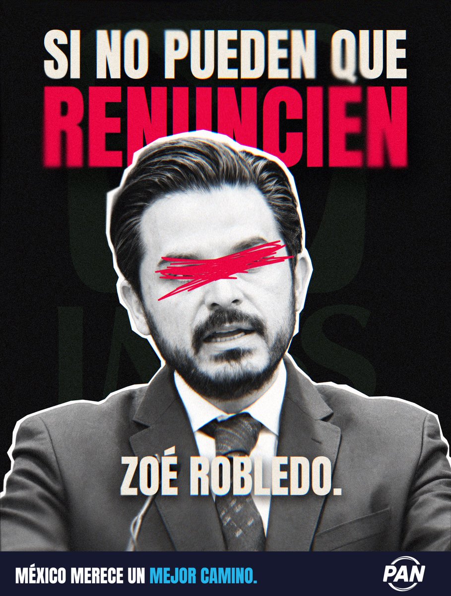 AccionNacional's tweet photo. La debacle de @Tu_IMSS tiene responsables. Zoé Robledo debe responder por el deterioro de los servicios, la falta de medicamentos y el abandono de pacientes y personal médico.

¡La salud de millones de mexicanos no puede seguir pagando las consecuencias de su incompetencia! Por dignidad y responsabilidad, exigimos su renuncia.