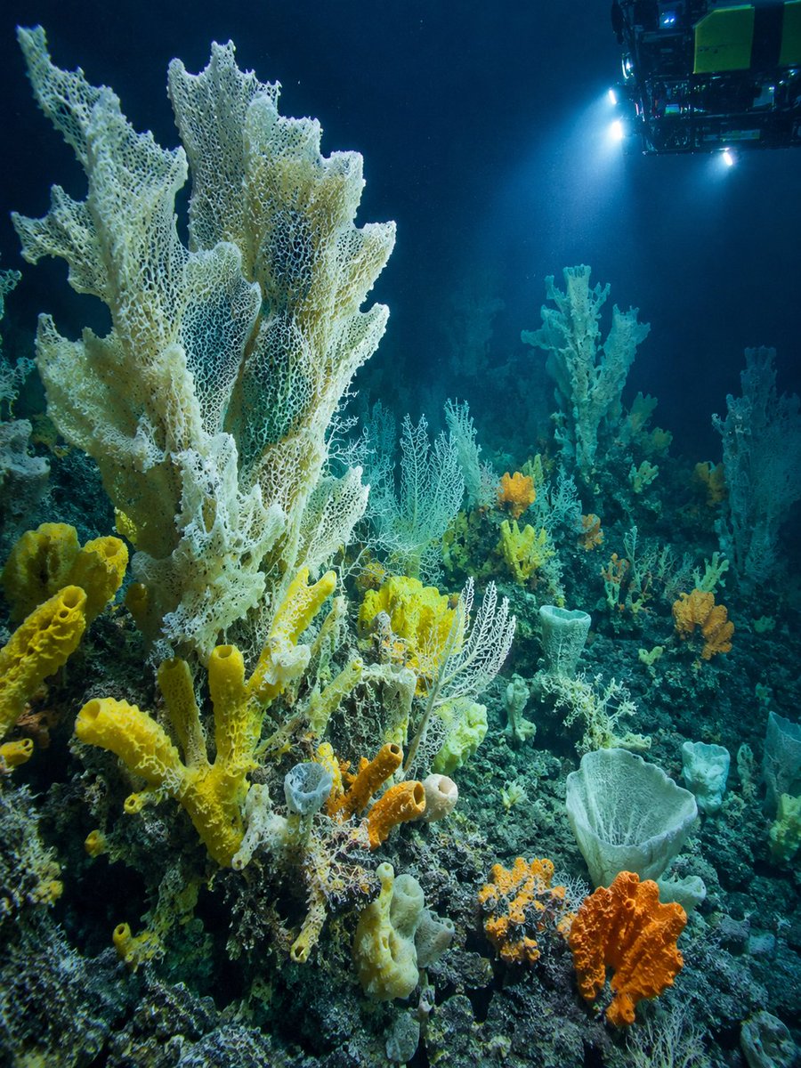 NaturellScience's tweet photo. Scientists discovered a “tropical forest” thousands of metres underwater! 

The sponge-covered habitats lie between Norway and Greenland.
They were found in the Arctic Ocean at depths of 2,000–3,000 metres.
The seabed is filled with diverse, forest-like sponge formations. https://t.co/uA5gIpLJYp