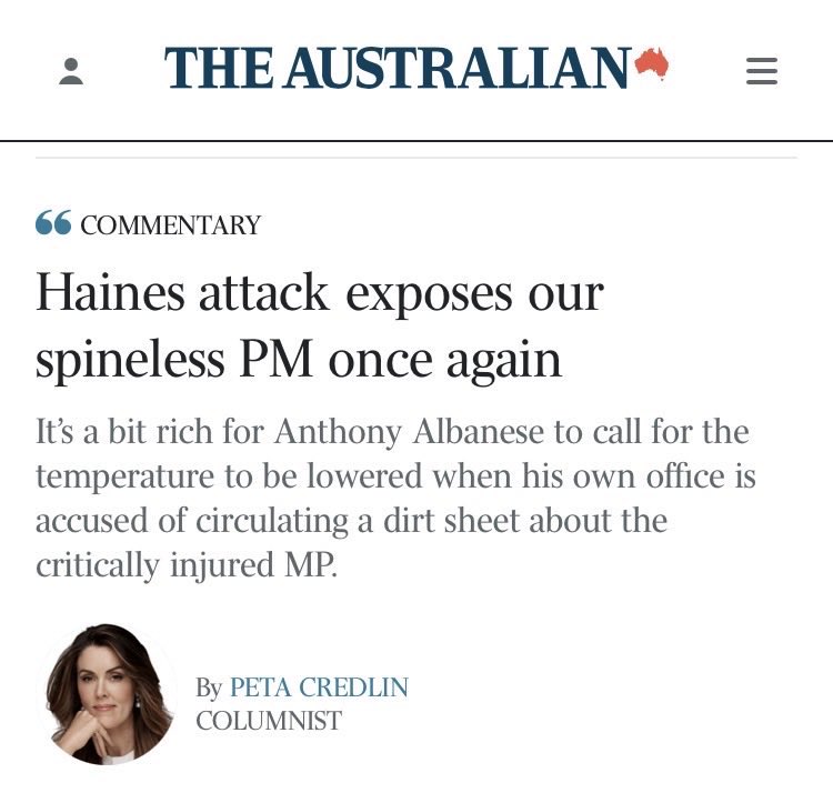colonelhogans's tweet photo. Was John Howard spineless for not preventing the Port Arthur massacre? 

Who will Peta Credlin blame for the assassination of NSW Labor MP Newman? 

The person without a spine is Credlin herself. https://t.co/FSmbD4oDNM