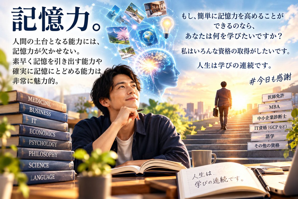 MultiReflection's tweet photo. 記憶力。

人間の土台となる能力には、記憶力が欠かせない。
素早く記憶を引き出す能力や確実に記憶にとどめる能力は非常に魅力的。
もし、簡単に記憶力を高めることができるのなら、あなたは何を学びたいですか？
私はいろんな資格の取得がしたいです。
人生は学びの連続です。
#今日も感謝 https://t.co/ZFFj5DrC9Y